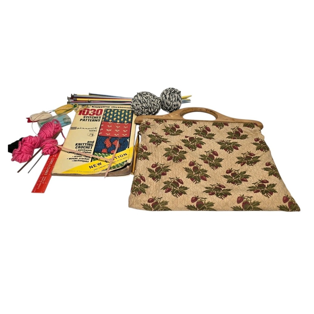 Floral Tapestry Print Bag Tote Handbag Brown‎ Wooden Handles Vintage KNITTING